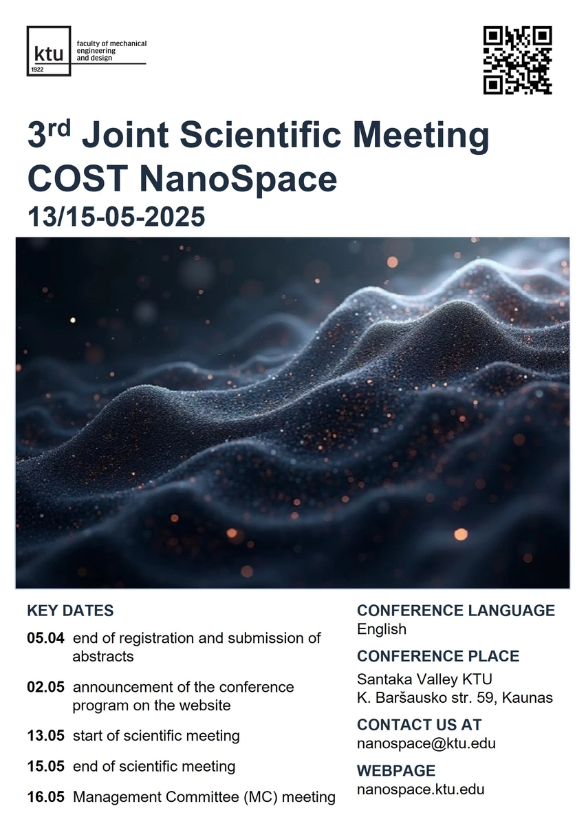 Poster of the Third Joint Scientific Meeting of COST NanoSpace including key dates, location, and contacts